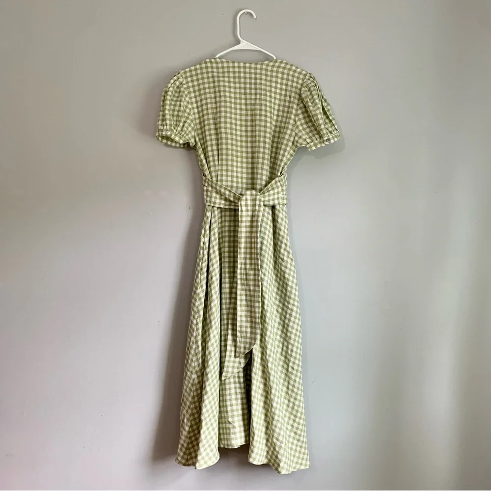 Heinui Nana Wrap Dress in Green Gingham Linen - Picture 2 of 6